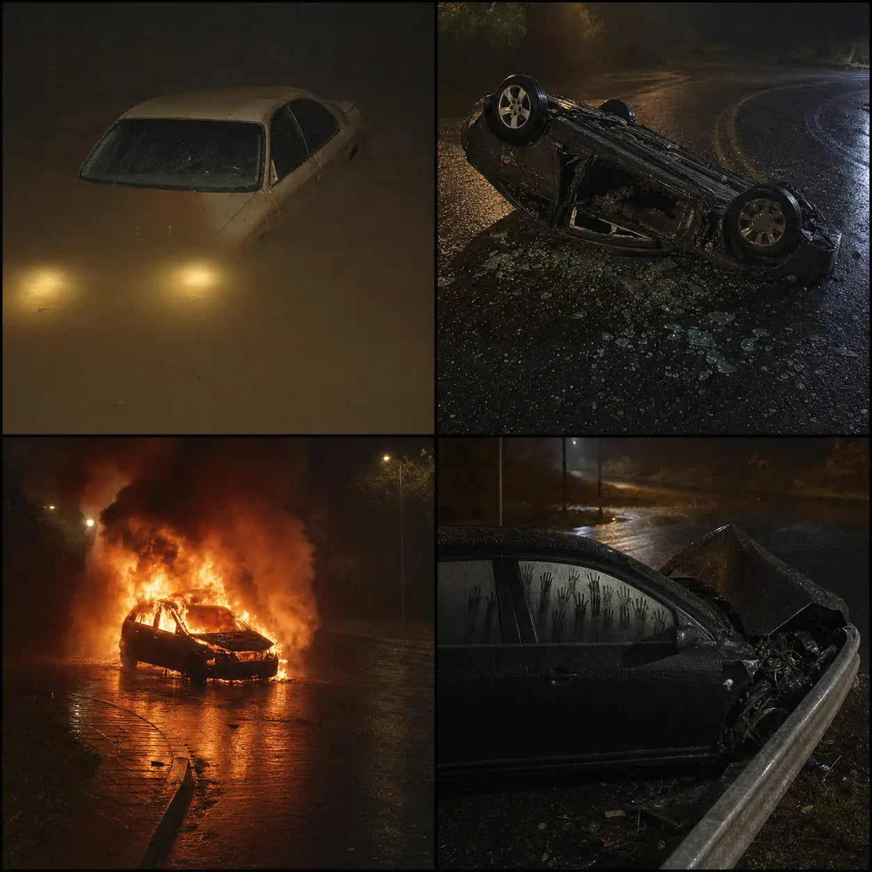 Mosaïque de scènes d'accident de voiture de nuit
